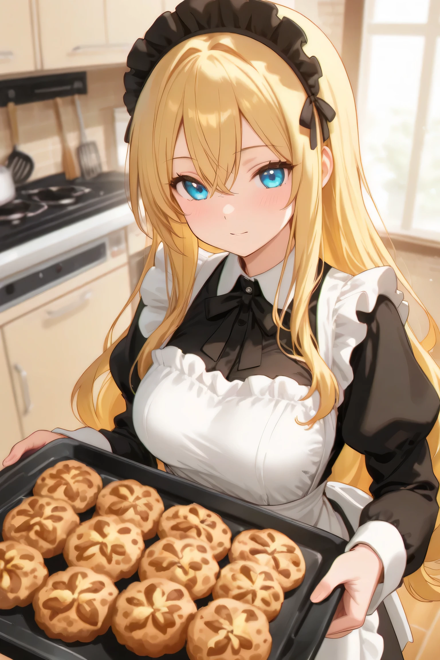 anime style　long blonde hair is lightly wavy　Baking cookies　failed cookie　troubled face　kitchen　Before the oven　Maid Outfit