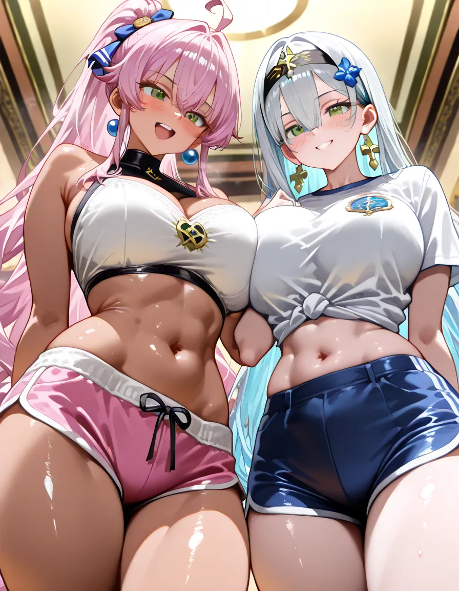 Two beautiful lesbians with healthy skin stared into their eyes, their muscles clearly visible.  They kissed and licked each other's breasts, saliva flowed from the corners of their mouths, their breasts touched each other in a provocative manner, and their nipples were clearly visible.        Clothes can accidentally fall apart (come apart), get caught (causing the garment to pull on the hips), spaghetti straps on the shoulders of short T-shirts can break, and tops can slip off (causing exposure).         The expression is fiery and defiant.        (Masterpiece, best quality: 1.2), exaggerated blonde, beauty, pink hair, glossy skin, seductive pose, cleavage, wet skin, exposed breasts, big breasts, breast detail, healthy skin, The exaggeratedly damaged mini shorts exposed her buttocks, and the miniskirt slipped down the side of her thighs, and a lot of sticky white liquid oozed between her legs (vanilla ice cream melted, cream cheese syrup dripped) amazing ass and gaping Open legs.            Details: Squat with open legs, open legs, M-shaped legs, super beautiful eyes shining during orgasm, big breasts showing cleavage.          Light pink nipples.           navel, muscular, legs spread, juicy, wet, seductive, big breasts, cleavage exposed, navel, oily skin, blonde, long straight hair, schoolgirl cut, cosplay, late night, wet, sweaty armpits, (exquisite Face shape))) : 1.6), Field Bokeh, (Detailed Background), Perfect Layered Crop, (Full Body Shot/Cowboy Shot/Side View), 8K, Gorgeous Lips, (Masterpiece), ((Best) Quality), (Super Detailed)), ((Sexy; 1.5)) Very beautiful, richly illustrated, perfectly composed, intricately detailed, extremely fine facial details, (Anime, Masterpiece, Complex: 1.3), (Highest Quality, Characteristic Textures, High Detail: 1.2), (4k), (Extreme Details: 1.4) Moody Lightinglicking_penis, mixed_bathing, shared_bathing, penis_grab,