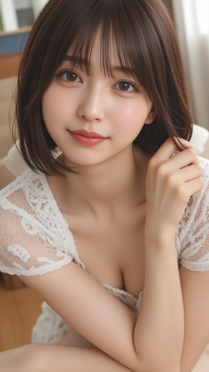 japanese beautiful woman,Ultra detailed skin,Ultra-fine,drooing eyes,high detailing,(short-haired with bangs:1.2),(Photorealsitic:1.4),(Top image quality:2.0),(超A high resolution:1.0), (masterpiece:1.5),(pureerosface:1.5),big eye,the skin is wet,White and beautiful skin,((Shiny satin fabric shirt,Satin fabric underwear)),Focus on the buttocks,Bold poses,stick your butt back,Photo looking up from below,Shot from your feet,low angle shot,