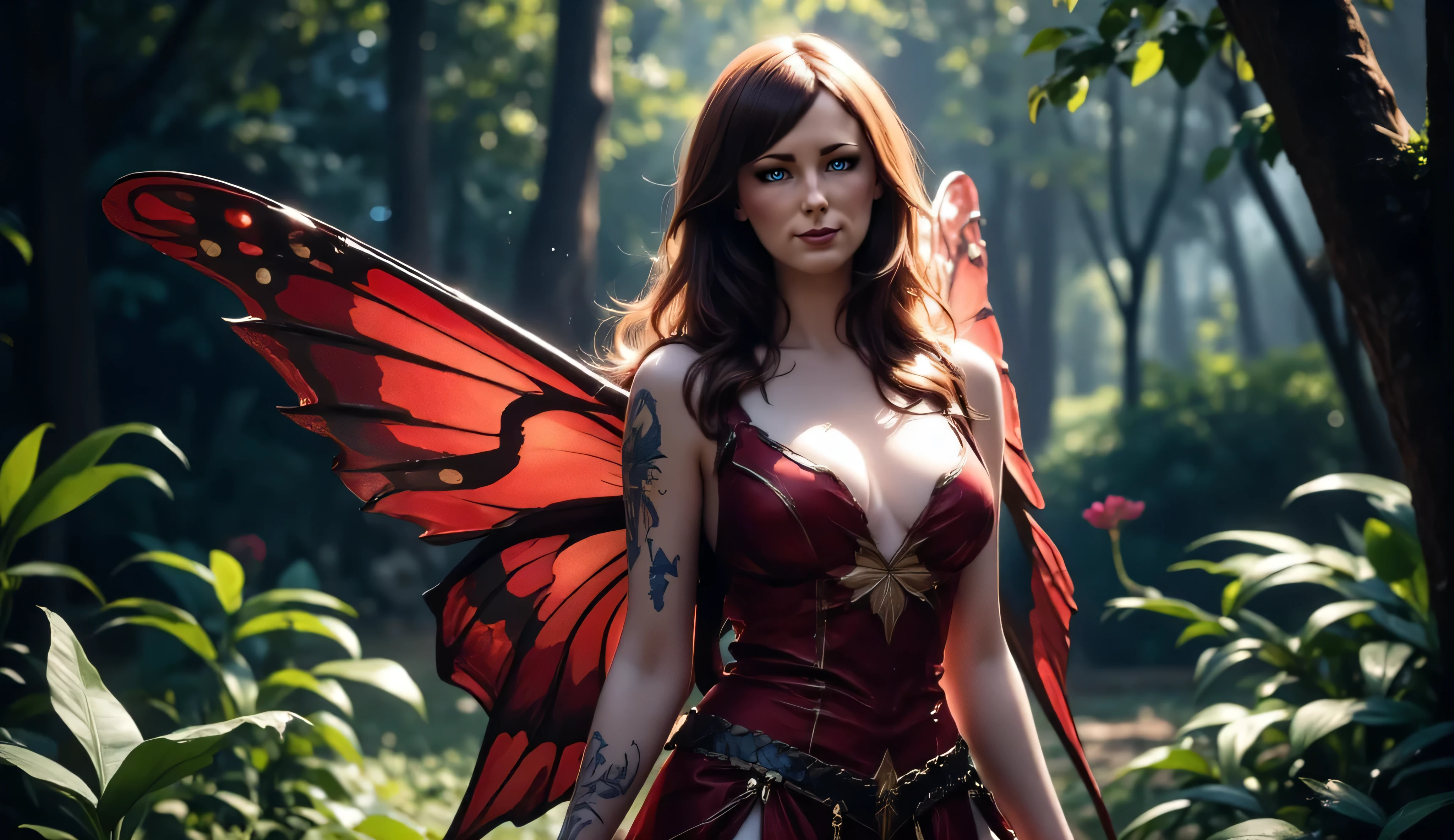female fairy with red wings like a dragonfly, with curly bright red hair, pale skin color, green eyes, kind look, in a black corset and burgundy leg-tight trousers, with small pointed ears, dark fantasy character design, light fairy, , epic exquisite character art, dark fantasy art, with the appearance of Katherine McNamara, Full view, Amazing character art. with a dagger in his hand
