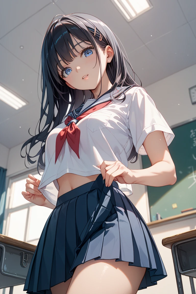 nsfw,((1man and 1woman,having sex:1.5)), missionary,((perfect anatomy:1.2,realistic,:1.3,RAW Photography:1.3,masterpiece、highest quality、Ultra - High resolution、High resolution、Highly detailed CG、8K)),cowboy shot,1 female,solo,20-year-old,beauty of japan,beautiful detailed face and eyes,big and gorgeous eyes,dark blue eyes,(black hair,long hair,blunt bangs),(medium breasts,slender body,small head:1.4, skinny), glowing skin,oily skin,sitting, M legs:1.5,arms up,((shackles:1.4,white sailor suit,long sleeve,blue sailor collar、Blue neckerchief、Navy pleated miniskirt with bare legs)),(cum in vagina,cum on clothes,cum on body,excessive cum,)、simple bed、Inside the prison、a dark prison、Tokyo、
