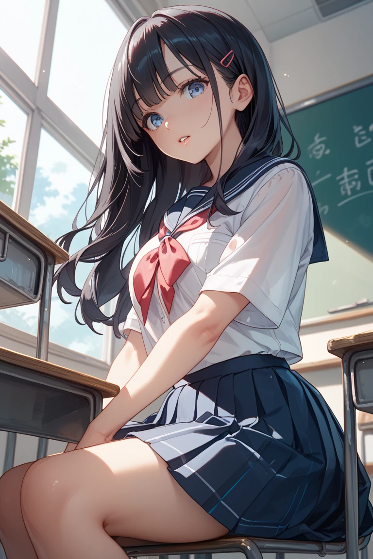 master piece, best quality, Altas, YM1, Blue sailor collar, blue skirt, short sleeves, white shirt, White socks, Serafuku, pleated skirt, School uniform, Blue sheet, sitting, classroom, window, hand up,