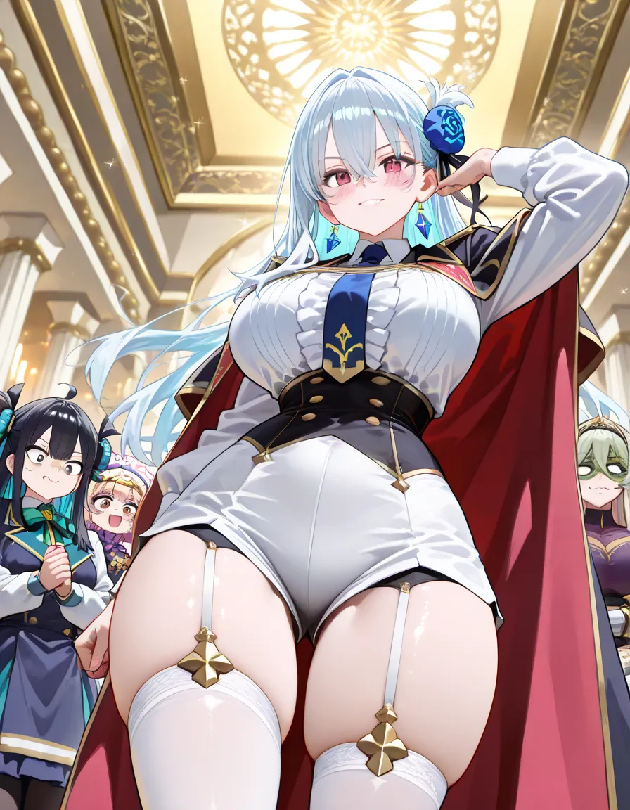 8k, best quality, masterpiece, expressive clothing, expressive hair, expressive background, 1 female, gyaru, short blond hair, piercing, smug laugh, white victorian dress, see-through dress, shiny skin, exposed cleavage, exposed navel, exposed legs, exposed thighs, gala bg, crowd of people, amber light, chandelier, red carpet