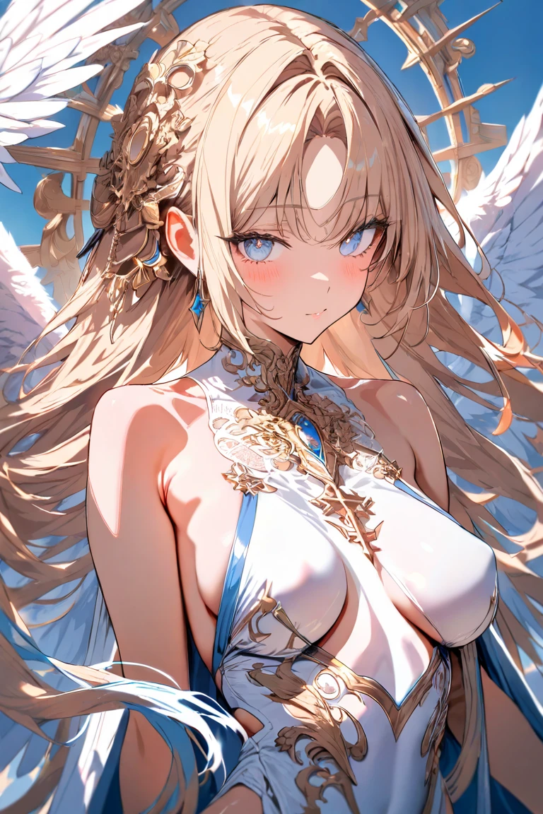 in digital art, a captivating image of a woman appears, carefully crafted by the brilliant Maria Angel. woman изображена с неземным обаянием.., decorated with a pair of magnificent angel wings, spread out behind her., their feathers are delicately painted with soft airbrushing.. Her body is bathed in tenderness, Soft Solar Lights, casting a golden glow on her.
woman'Facial features are realistic in 3D anime.., her face is round and serene, with disheveled hair, shining halo of head.. Her skin is fair and smooth, flawless canvas, emphasizing her divine presence. Her outfit is simple, but elegant, revealing