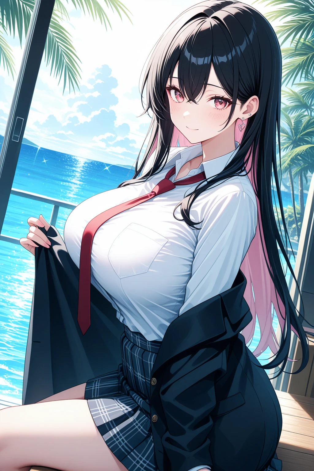Midday Shiina，a beauty girl，girl with，a smile，Black uniform and blazer，top-quality，​masterpiece，huge tit，超A high resolution，Multicolored hair，Excellent style，Perfect facial features，a beauty girl，modeled，girl，Long，