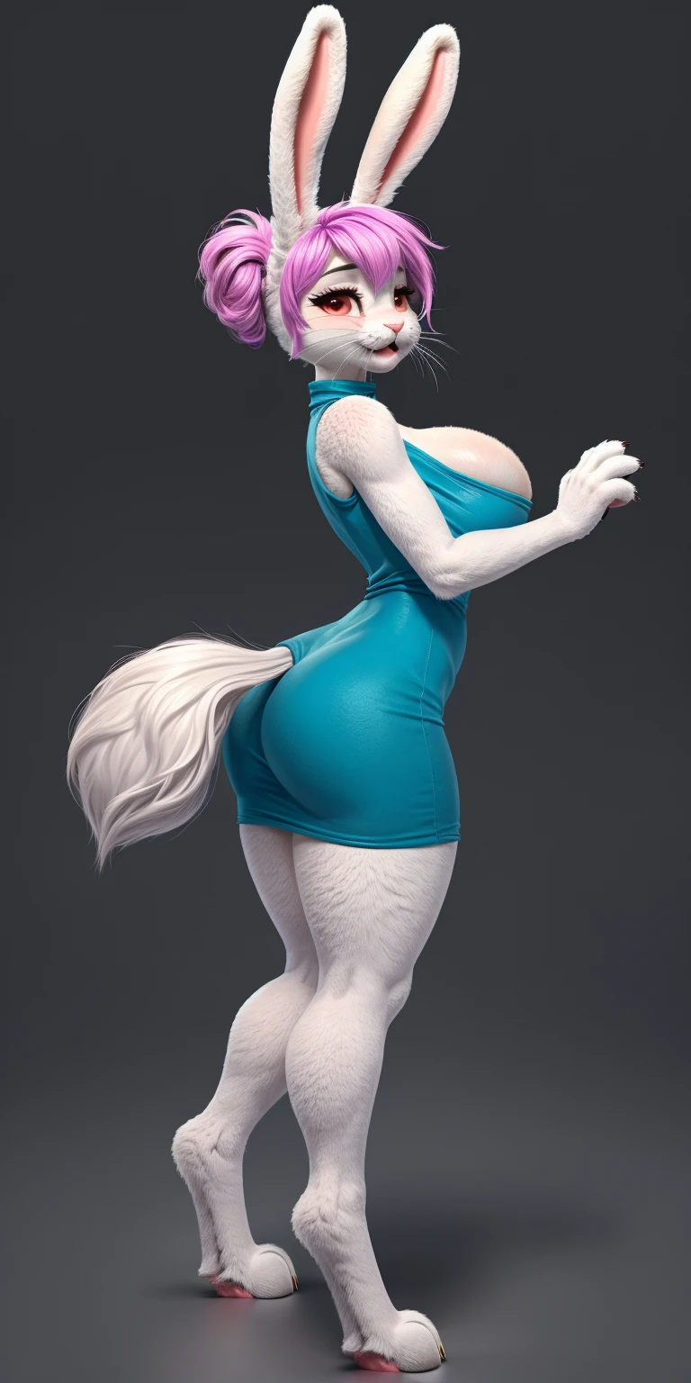 score_9, score_8_up, score_7_up, score_6_up, score_5_up, score_4_up, source_furry, realistic, e621, mature female anthro husky dog, MILF, seductive, mouth open, beautiful detailed eyes, sexy looking back over shoulder pose, looking back at viewer, in a bedroom, (wearing a collar, long fishnet gloves, g-string, fishnet stockings and garter belt, 8 inch high heels), detailed fur, tail, voluptuous, hourglass figure, large breasts, cinematic lighting, professional lighting