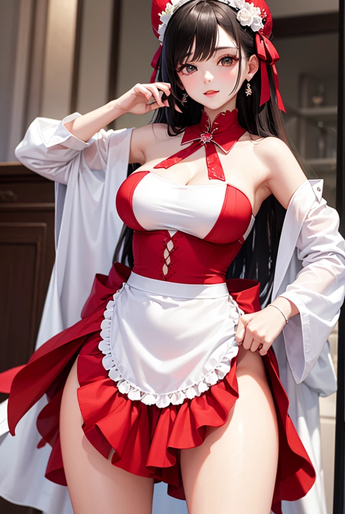 (((Raised your legs,a skirt,Red dress,Red Hat,short red dress,right ventricle, A woman wearing a red cloak and black stockings ,right ventricle,big chest and thin waist,Big crotch))),((tmasterpiece)),A high resolution, ((Best quality)),tmasterpiece,top-quality,Best quality at best,((( exquisite facial features,looking at viewert,There is light in the eyes,Smilingly,self-assured ))),(((Light and shadow interlace,huge boob))),(((dynamicposes, 1 girl, (complete figure:0.9), Alone,, sexy women,Body contours,Raised sexy,Big breasts are very charming,Realistic silhouette of human body, ((good body)), ))))
