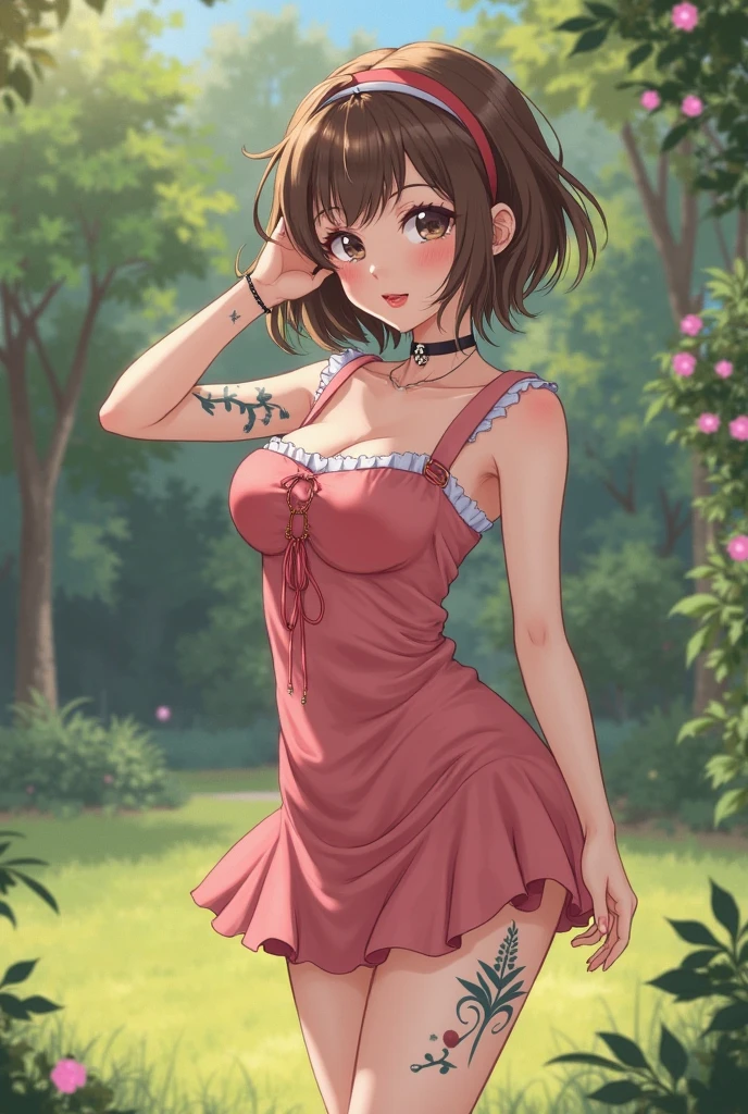 a beautiful and detailed character portrait of ochako, brown hair, , pantyhose, green skirt,grey coat, tie, , smile, trees, ((flowers)), bushes,solo, cinematic lighting, shaded, sit, park, sex, penis in mouth, blowjob ((solo bikini trasparente))