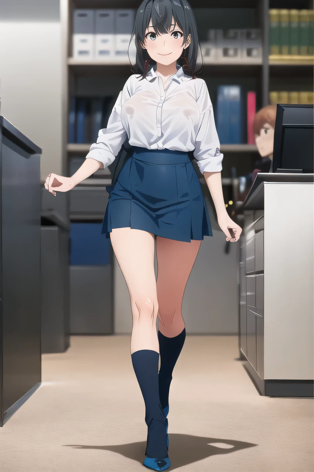 navy blue pleated mini skirt,A woman with a lovely smileを描けますか，OL ，black hair long hair，Let's draw a more delicate expression，A woman with a lovely smile，black hair long hairの女性，，can you draw an office lady's uniform，white blouse，Navy Blue Mini Skirt，high heels，can you Let's draw a more delicate expression, adult sexy women ,only，，Full color CG,，In my office，，accurate hand and foot expressions，my nipples are sharp、、Full color CGで顔は絶対に必要です,dark blue pleated skirt,I have can you Let's draw a more delicate expression描いてください，Walking Alone，           ，   ,（I definitely need that face。I have can you Let's draw a more delicate expression，（even one person is enough for that job  ,    can you draw an attractive 30-year-old woman,                     ,   Big breasts, thin waist ， ,   ，巨大な胸を持つBig breastsを描いていただけますか，Nipples stand up when wet，please express your hands and feet more accurately，big breasts to huge breasts，よりBig breastsに,