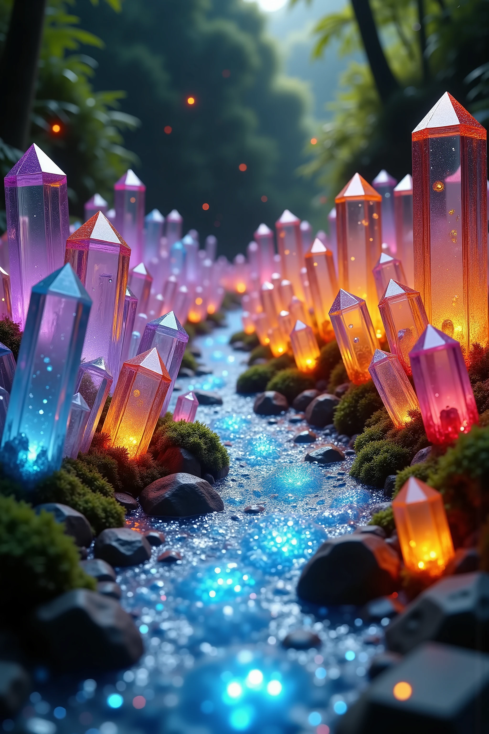 Ultra-realistic, photo-realistic, hyper-crystalistic, Quartz crystals of all colors and of all height are protruding up out of the ground lining a two and a half foot wide clearish blue stream that turns a beautiful darker blue that bubbles profusely on the outer edges of the stream where the crysyal points begin to emerge. The height of the translucent, yet colorful crystals range from 7 to 30 feet tall and are tallest on the stream's curved edges, with the crysral points taking up about 5 feet on both sides of the stream, then the lush tropical rainforest overgrowth takes over with jungle vines, ferns and massive trees. The incredible quartz crystal points are blue, purple, pink, red, orange, yellow, and absolutely clear and radiate an energy with a sharpness that can be seen glowing at a distance and within these crysrals are phantoms which blast rainbows of dissected light. Thousands of different colored tall, thin, translucent quartz crystals arev protruding from the ground lining the stream, the taller ones usually collecting where the stream bends and curves. Breathtakingly beautiful, ultra-realistic, photo-realistic, cinematic photography, cinematic portrait, photorealism, hyperrealism, ultra-detailed, UHD, full focus, 3D rendering, 8K, highres, cinematography, masterpiece