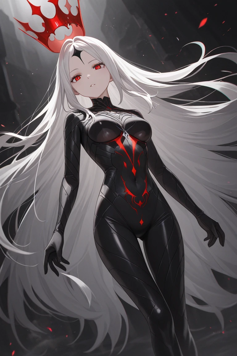 young girl, Long white hair, red-eyes, Bio-organic suit, symbiote, Carnage, smirk, Masterpiece, hiquality