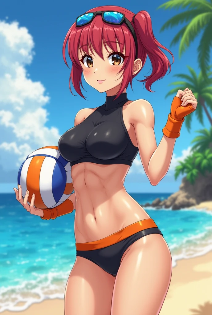 (Sweat, White skin:1.5、Light gray sports bra, ), cameltoe, Fitness, , ((Beach volleyball swimsuit)),Big Breasts, Sturdy body、lie down, ((Big Eyes in Anime))