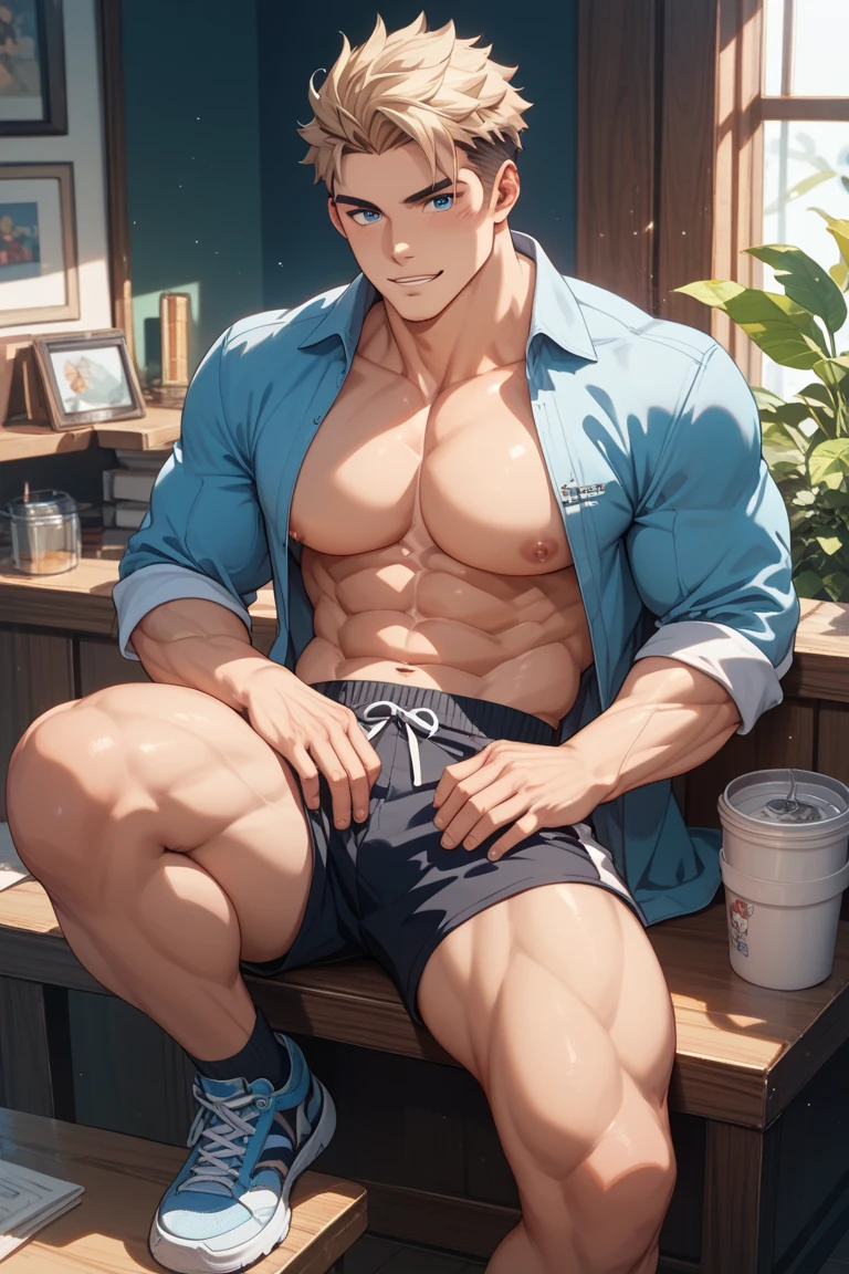 (masterpiece best quality 8k ultra-detailed:1.5) ultra realistic, solo playboy, muscular handsome (((perfect face,perfect eyes))) (topless), anime style, illustration, (underwear, big bulge), sweat,manly,realistic shade, sharp, detailed beautiful face and eyes, perfect beautiful body, perfect hands, ((dynamic pose)), shiny skin