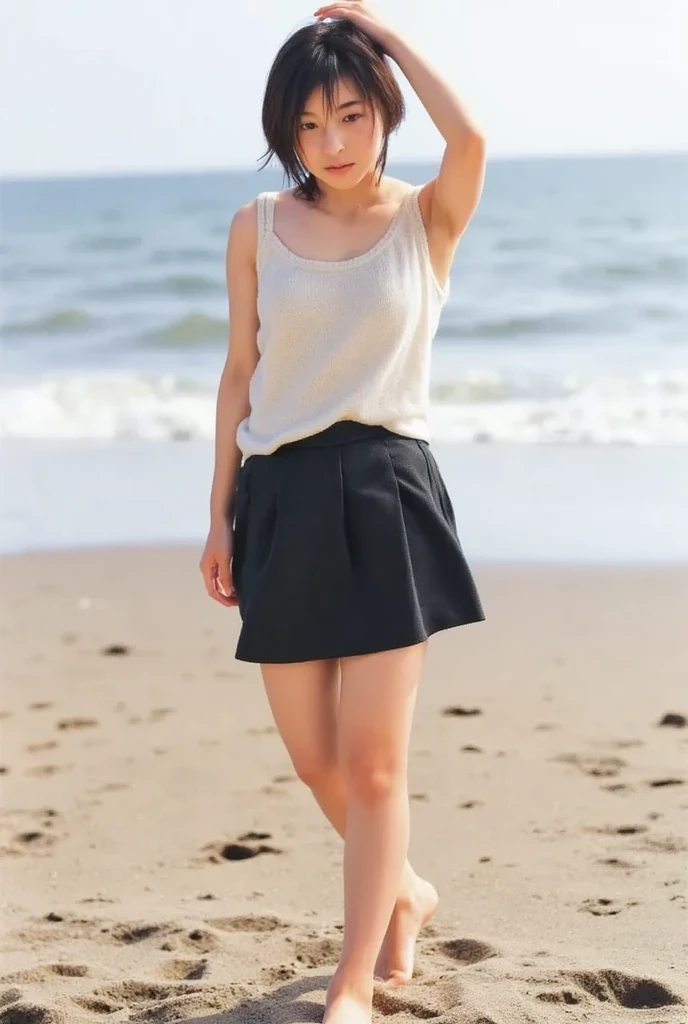 Unbelievably beautiful woman, (Have , insert it in your :1.2), 15 years old, Neat face, a baby face, Happy face, Tie and skirt, pony tail hair, (Best Quality, 8K, masutepiece :1.3), Lovely smile, emotional, (gleaming skin, Shiny hair:1.4), Beach, masutepiece, Best Quality, (Ultra-detailed),