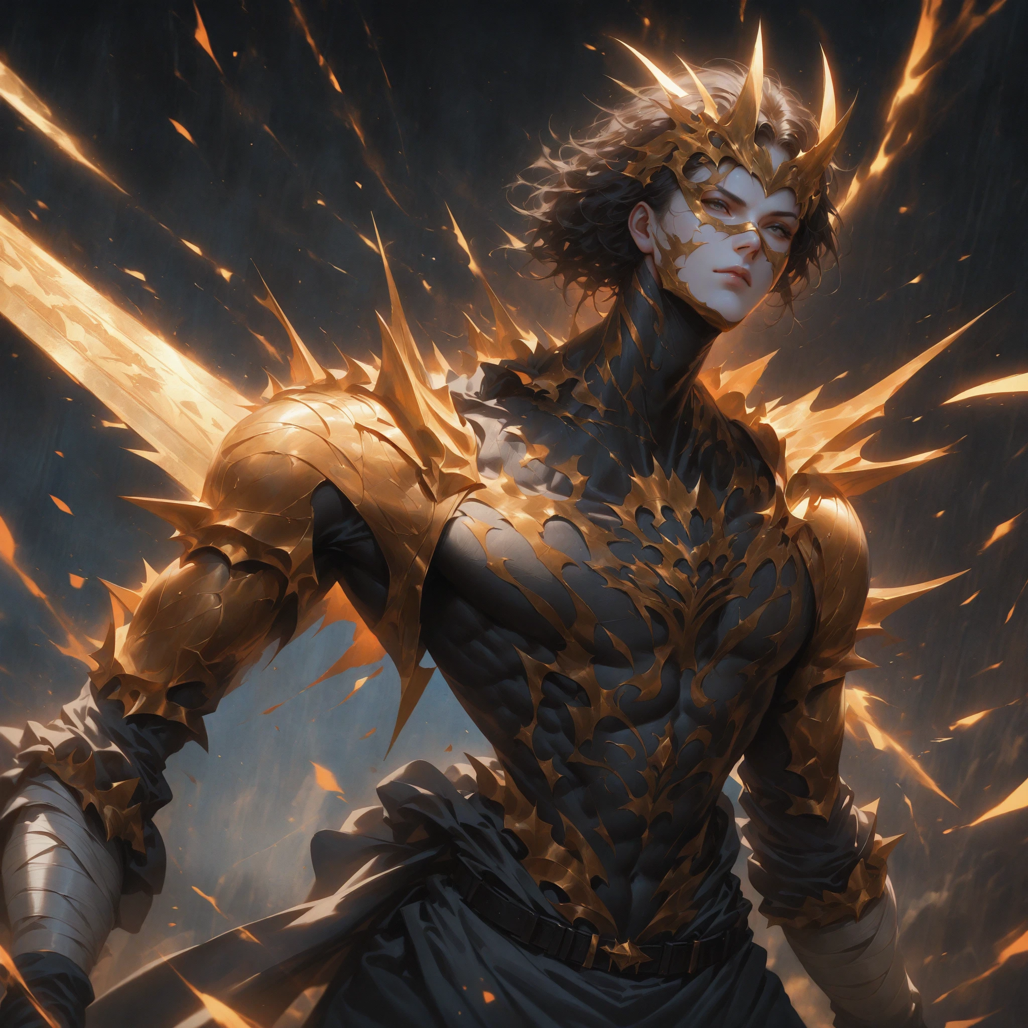 adult male fantasy god, human appearance, elegant but impish features, devilish smile, gold eyes, short messy brown hair, slender build, agile, holding two daggers made of light, intricate but minimal iridescent armor, 8K, fantasy heaven realm in background