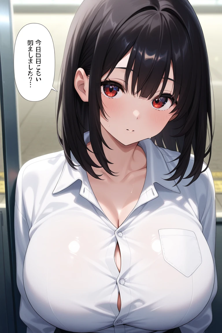 (masterpiece、top-quality、detaileds)、1girl in、独奏、Urban area in the background、The upper part of the body、facing front、perspiring、Ahegao、Rolling eyes、red blush、Clean fingers、Plain clothe、Dressing、Exposing the chest、teats、NSFW