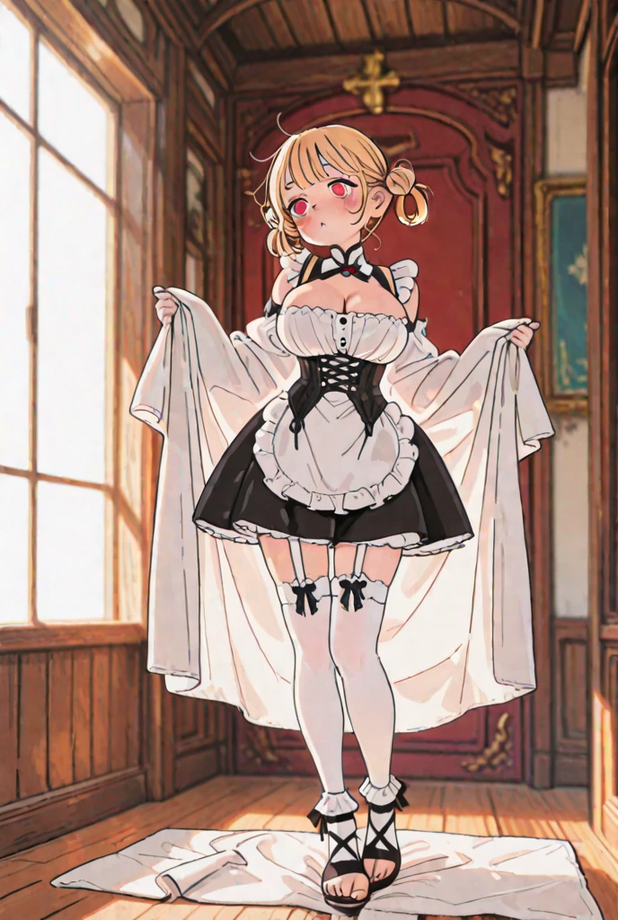 Slim woman wearing glasses、Show your underwear、Sheer lace underwear、Long maid outfit、Mami Tomoe、smile、Bedroom、Are standing