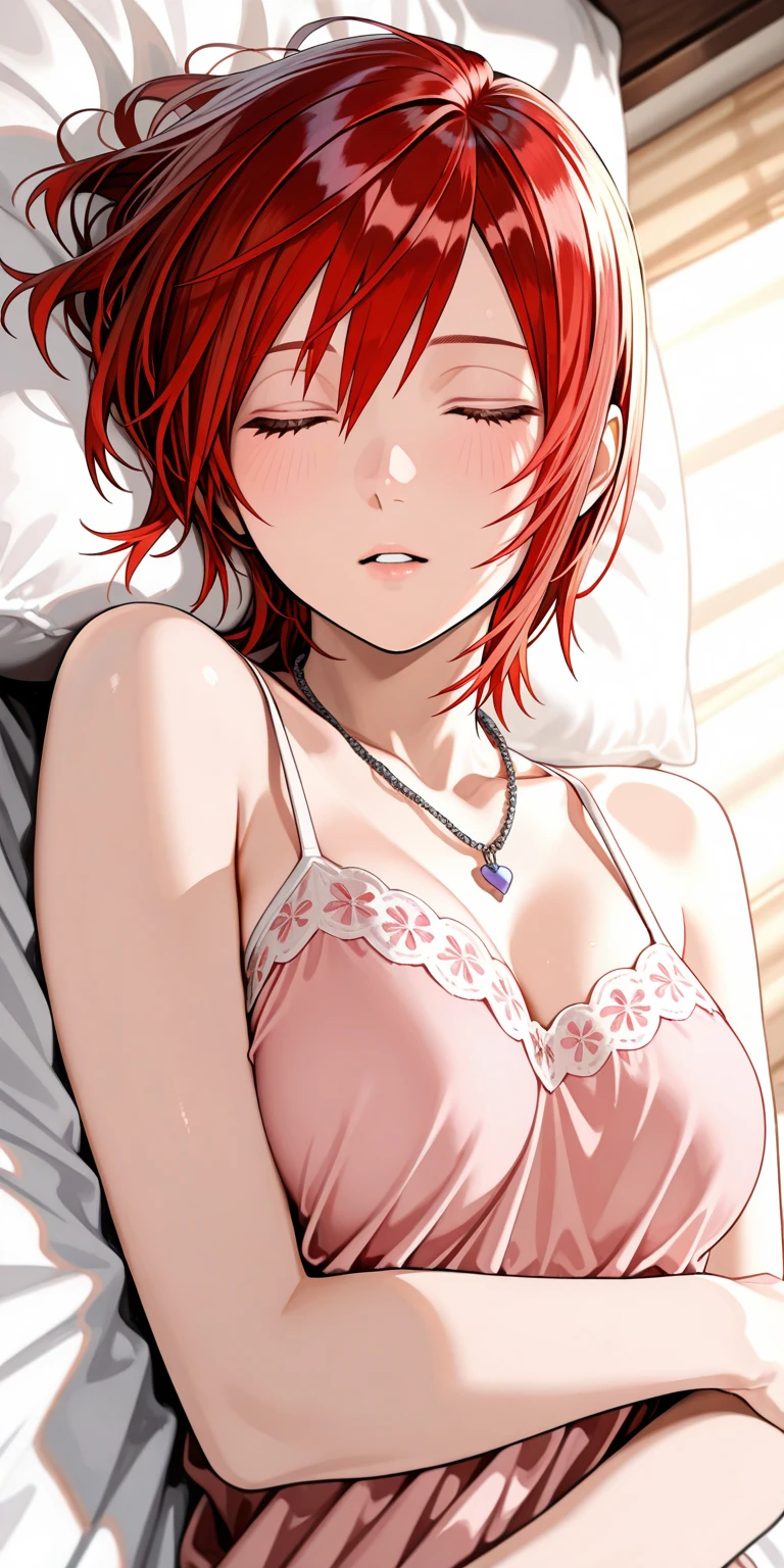 makima \(chainsaw man\), red hair, long hair, single braid, bangs, yellow eyes, black lingerie, sexy lingerie, off shoulder, bra_off_shoulder,
(((mature_woman))), ((petite body)), gorgeous_face, beautiful lips, large_breast, fit_body, fit, flat belly, sexy, gorgeous, pretty, looking at viewer, blushing, nose blush, blushed face, bedroom, on bed