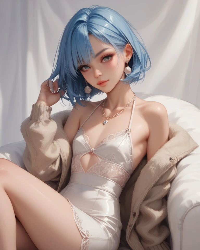 Short glow ice blue hair,Very sweet and shiny delicate face,A creamy and soft blue-and-white long cotton coat with a high collar,With a blue-silver ice crystal necklace,Reveals long smooth and delicate legs,The ultimate in exquisite clarity