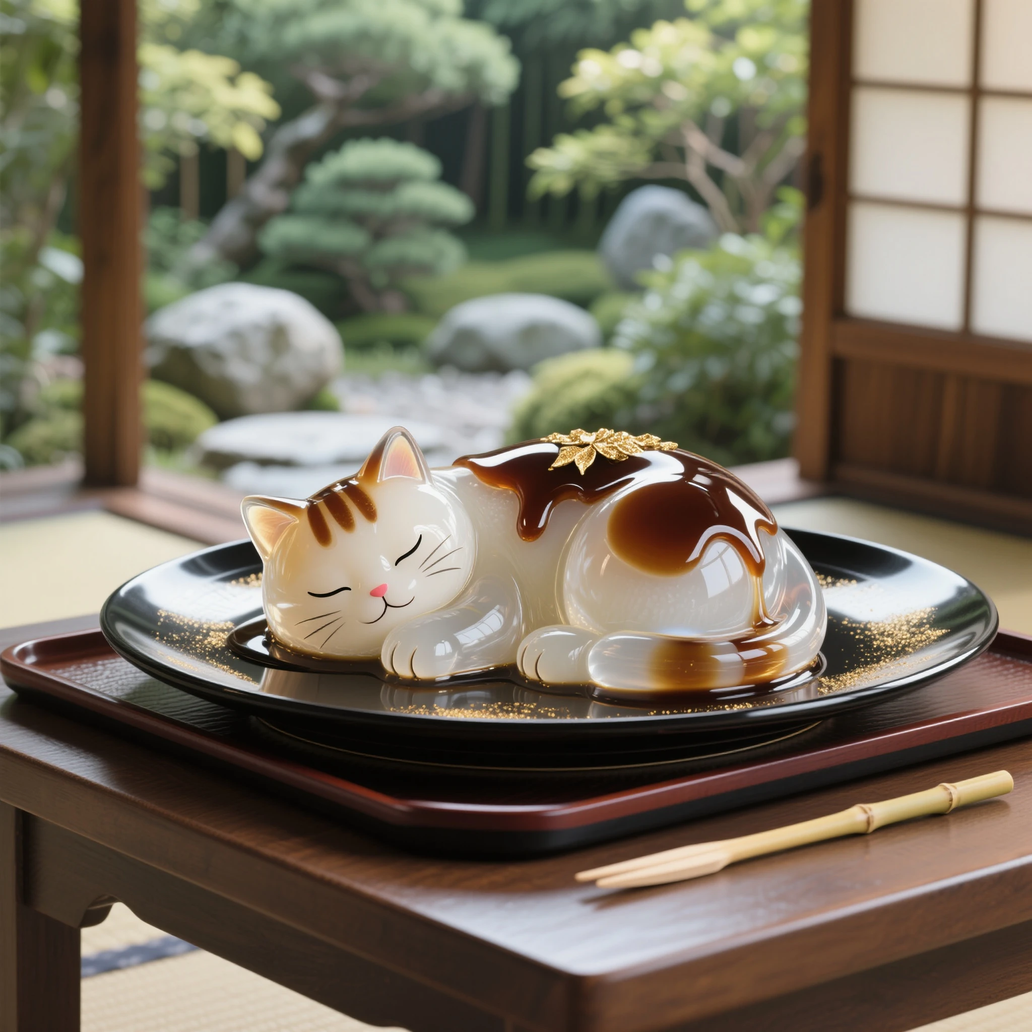masterpiece, best quality, newest, highres, absurdres,
A luxurious and elegant Japanese wagashi cat, curled up and sleeping peacefully, its entire body made of ultra-translucent, glossy water agar jelly, resembling traditional mizu shingen mochi or Japanese water sweets. Thick, shiny kuromitsu syrup is generously poured over the cat's back, creating beautiful, deep brown streams and reflections, and a touch of gold leaf sparkles on top.
The cat rests on a sleek, black high-class plate with a subtle gold dust accent. The plate is placed on a traditional wooden tray (obon), and the tray itself sits neatly on a low wooden table.
Beside the plate lies a single flat bamboo chopstick, elegantly crafted and perfectly matching the refined presentation.
Sharp focus on the transparent wagashi cat, with the background softly blurred in a photographic depth of field. Behind, a beautiful Japanese garden with lush greenery, stones, and a classic wooden veranda (engawa) evoke an authentic Japanese summer atmosphere.
very transparent, ultra-translucent, crystal clear, high gloss, soft reflections, high colorfulness, very vibrant colors, strong sense of three-dimensionality, ultra detailed, photorealistic lighting, soft bokeh, harmonious, cute and luxurious, traditional Japanese sweets illustration style.
