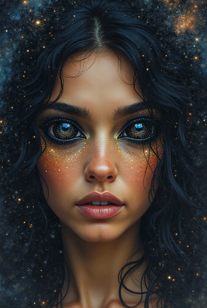 "A pair of mystical, deep black eyes — as dark as the endless void of space, absorbing all light like twin black holes. Inside the darkness of the irises, subtle stars and distant galaxies shimmer faintly, like constellations barely visible through the night sky. The gaze is infinite, ancient, and filled with silent emotion, as if whispering of eternal love and cosmic memory. Around the eyes, the skin is natural, warm-toned, and free of any cosmic or star-like patterns. The face is that of an Amazonian woman warrior, with strong yet delicate features and black hair flowing like the midnight sky. The cosmic vastness is present only inside the eyes, not on the skin or face. The background is a clear night sky full of stars and the Milky Way, with no clouds. The overall feeling is poetic, hauntingly beautiful, and transcendent. Watercolor textures subtly merge cosmic energy within the eyes, while the rest of the face remains natural and human."