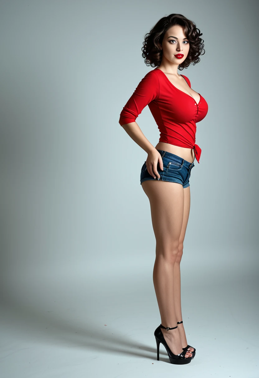 Detailed and realistic representations of a lush woman, face without shadows, by Kate Backinsale, 30 years old, light brown hair, radiating a distinct pin-up style. (Posing full body, MEDIUM BREASTS, THIN WAIST, WIDE HIPS, THICK THIGHS, TONED ABDOMS), extremely sexy. Realist. Dressed in denim shorts, a red top with white polka dots and high stiletto heel sandals. Although the classic features are present, the pin-up talent is undeniable. Artistic tattoos on your body add a contemporary touch. Their postures and expressions, combined with their pin-up looks, create a fusion between classic vintage and contemporary. ((White photo studio background, hot session. Ultra-realistic photography. Bright, intense white lighting, shadows cast behind)). Front view.