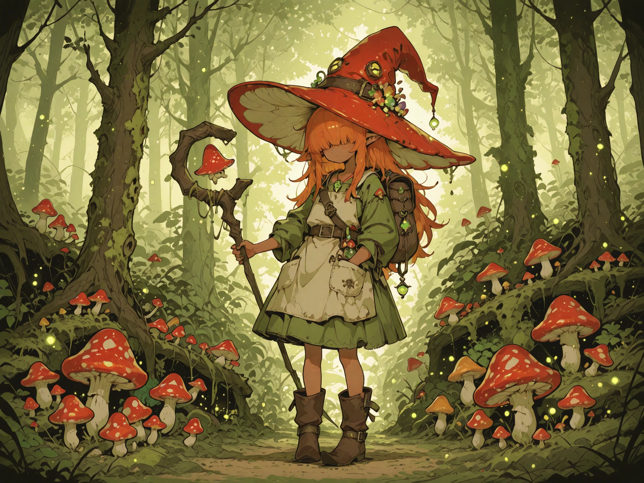 Fantasy_eyes,(masterpiece, detailed:1.2),(High CT quality,4k,High resolution,main piece:2.3),Very detailed,Realistic:1.37,Best quality,masterpiece, high resolution,on_body, Tyndall effect,photorealistic, Edge lighting, Two-color lighting,(high definition skin:2.3), (8K UHD, DSLR quality, soft lighting, high quality, surround lighting, sincere, de 8K , 4K, 8K.) a Fungi Witch. She has a petite build and flat , she is shorty, her hat, staff and boots are too big for her. She has tanned copper skin, covered with freckles. She has long pointy-ears. She has yellow-amber whites and red irises. She has straight longest orange hair with straight bangs over her eyes. She wears medieval swampy green dress and an apron with two pockets. she wearing a potion belt with acorns pendants. There is a bag over her shoulder with healing herbs sticking out of it. She has brown pointy-toed witch boots. (red fly Agaric mushroom hat in the shape of a witch's hat) She wears a red fly Agaric hat on her head. In her hand she holds a staff in the shape of a tree branch overgrown with moss. On the background : the mushroom grove where big multicolor mushroom-trees grow everywhere around the blooming swamp, fireflies are flying in the air. Multicolored flowers and mushrooms wich growing around have bioluminescence.