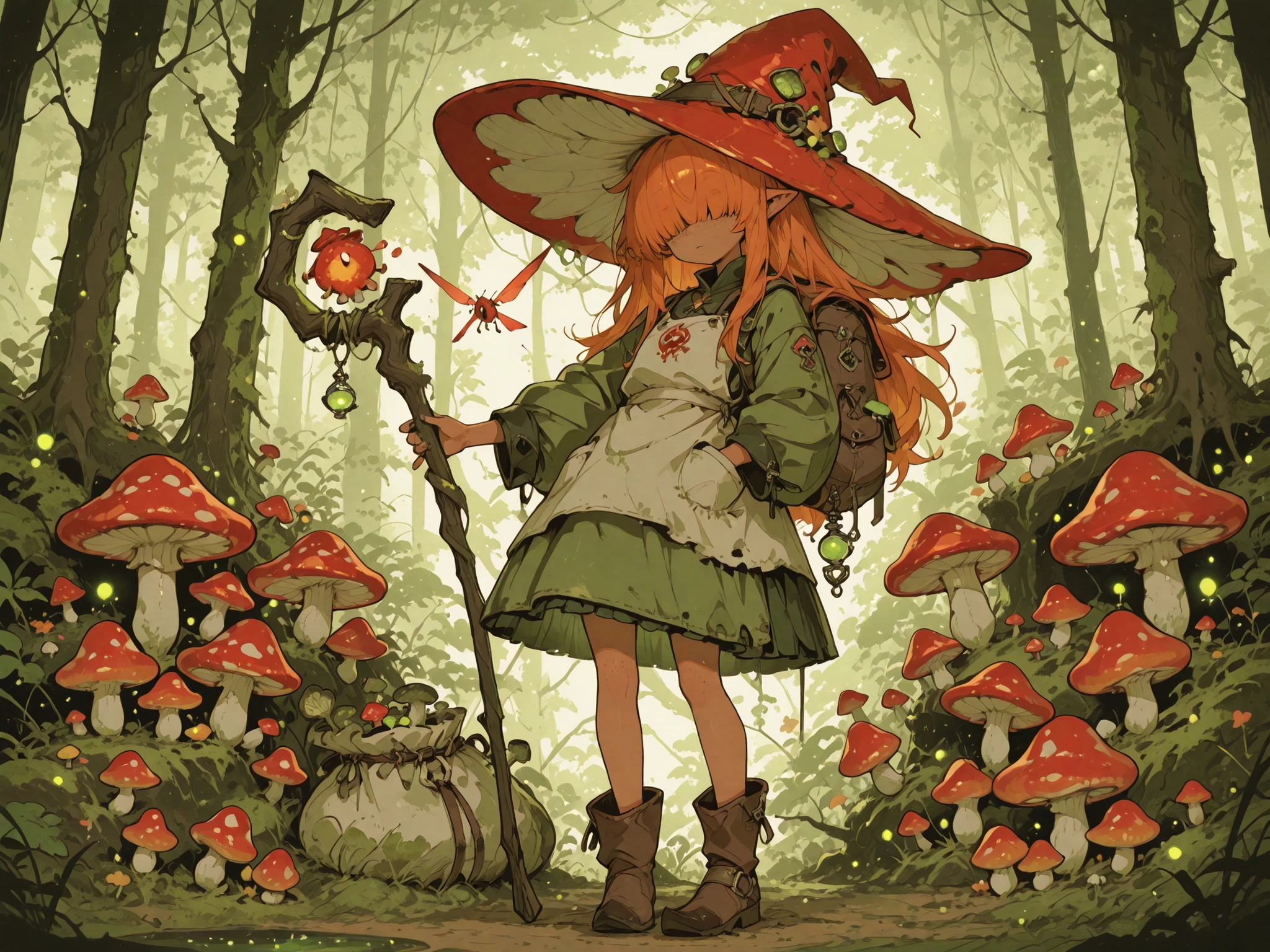 Fantasy_eyes,(masterpiece, detailed:1.2),(High CT quality,4k,High resolution,main piece:2.3),Very detailed,Realistic:1.37,Best quality,masterpiece, high resolution,on_body, Tyndall effect,photorealistic, Edge lighting, Two-color lighting,(high definition skin:2.3), (8K UHD, DSLR quality, soft lighting, high quality, surround lighting, sincere, de 8K , 4K, 8K.) a Fungi Witch. She has a petite build and flat , she is shorty, her hat, staff and boots are too big for her. She has tanned copper skin, covered with freckles. She has long pointy-ears. She has yellow-amber whites and red irises. She has straight longest orange hair with straight bangs over her eyes. She wears medieval swampy green dress and an apron with two pockets. she wearing a potion belt with acorns pendants. There is a bag over her shoulder with healing herbs sticking out of it. She has brown pointy-toed witch boots. (red fly Agaric mushroom hat in the shape of a witch's hat) She wears a red fly Agaric hat on her head. In her hand she holds a staff in the shape of a tree branch overgrown with moss. On the background : the mushroom grove where big multicolor mushroom-trees grow everywhere around the blooming swamp, fireflies are flying in the air. Multicolored flowers and mushrooms wich growing around have bioluminescence.