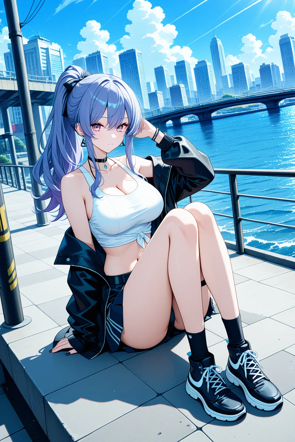 masterpiece, best quality,KFC, 1 Girl, Bangs, only_Shoulder, skirt, breast, Gloves, Jewelry, Large target_breast, long_hair, long_sleeve, Pantyhose, purple_Eye, purple_hair, shirt, Solitary,Viewer,sunglasses,Bikini, (sun, cloud,A renaissance city by the water,outdoor :1.1),Rendering in Blender((Isometric)),