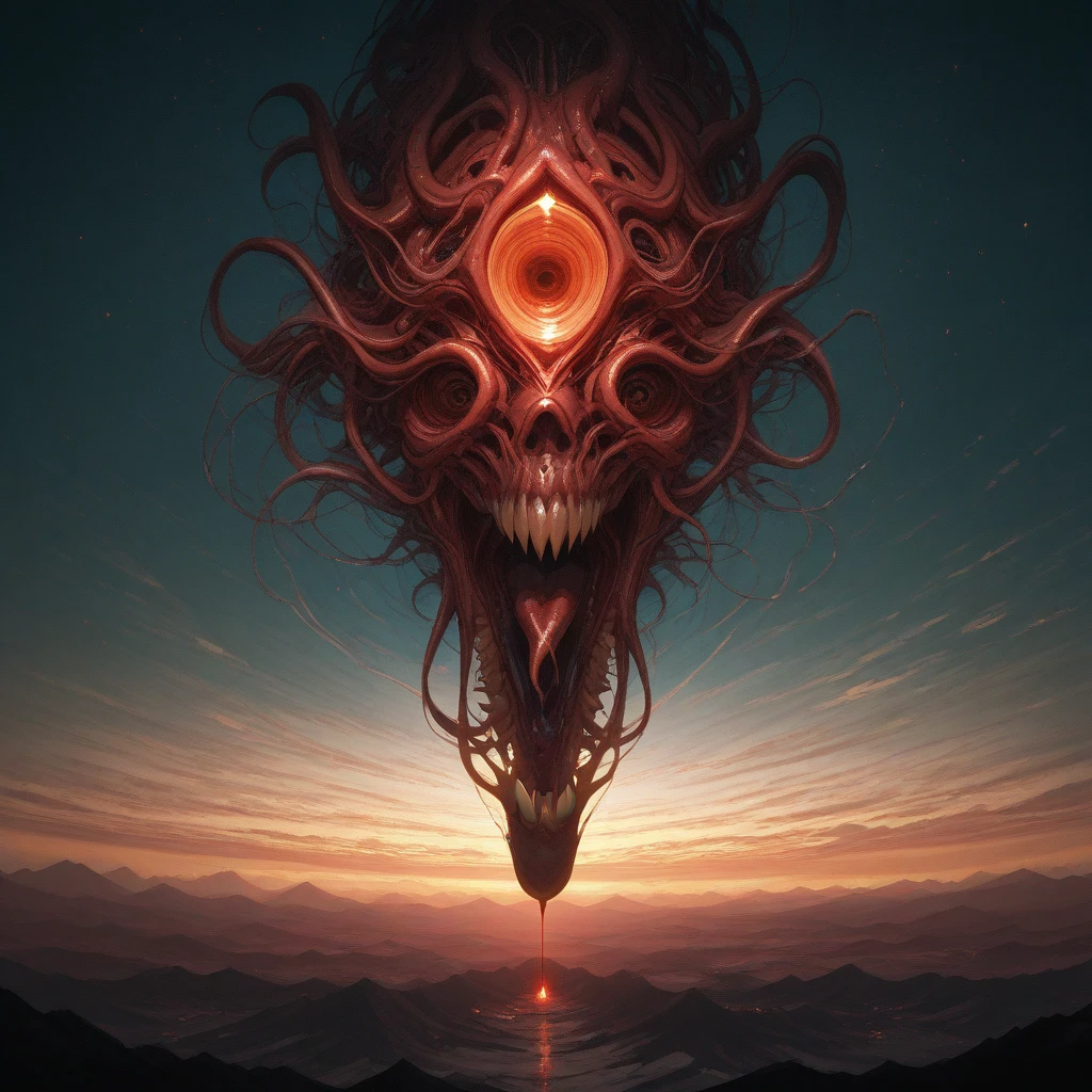 (absurdos, Altas Resoluciones, Ultra detallado, HDR), Obra maestra, La mejor calidad, Un hombre calvo sentado en Demon con un ojo gigante, en mirada arrogante, solamente, hombre rudo, demon eyeball, globo ocular gigante, asqueroso, Ala de demonio negro, cuerno de demonio, guapo, Ojos rojos, ojo brillante, black robe, Pendiente y accesorio, pecho desnudo, cara arrogante, cuerpo completo, magic vortex, chispa, remolino, Aura negra, un cielo negro y nublado, abismo, Antecedentes abstractos, desde un lado, buscar, sonrisa malvada