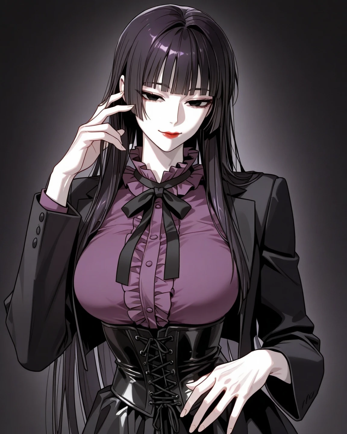(Top resolution、Distinct_image)top-quality、female 、masterpiece、highly detailed、Semi-realistic、purple eyes 、18year old、young、cool clothing、Exquisite facial features、Facial features ,variations, potrait, a bar background, Black hair , long straight hairstyles, wear black suits, Mafia , yakuza, criminals , badass,