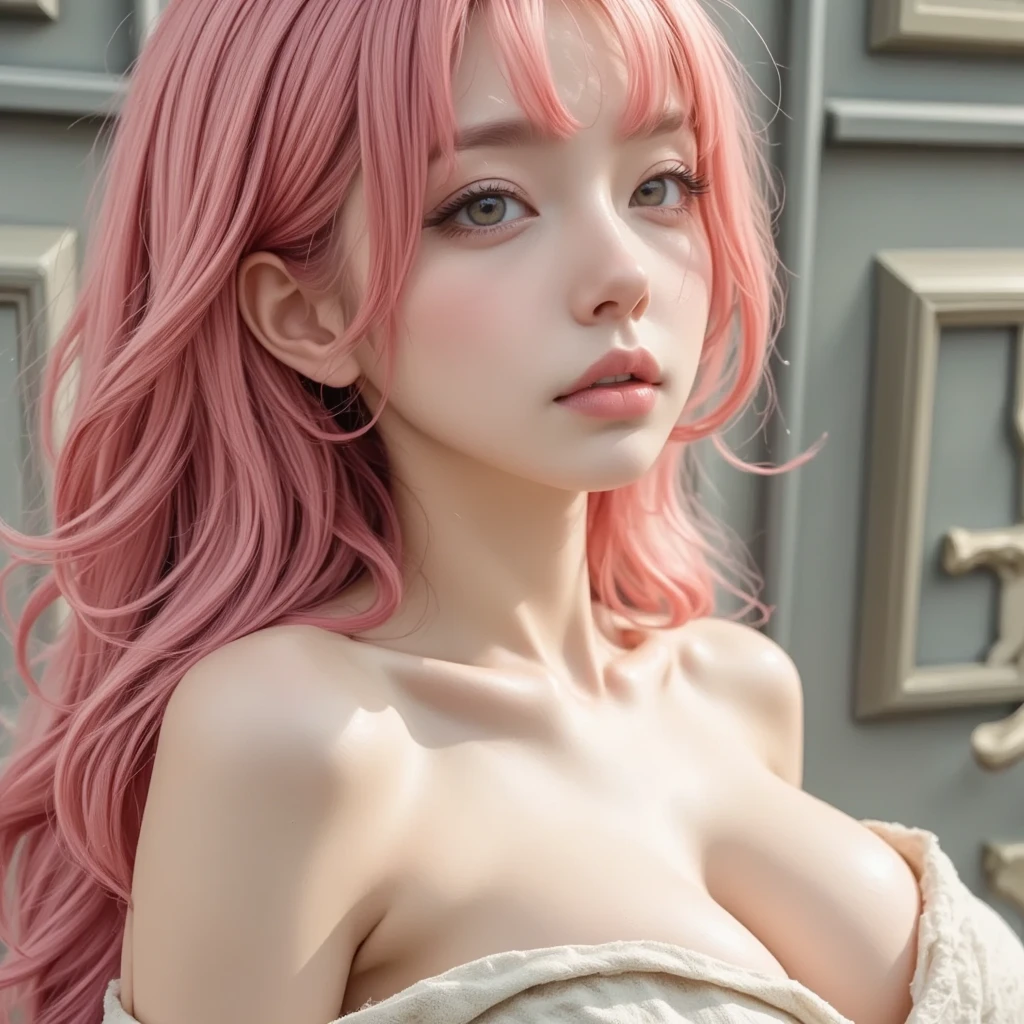 soaking wet，I can see your nipples，((highest quality)), ((masterpiece)), (get used to it), perfect face， big breasts，，revealing clothing，photo shoot, , Strong design sense, hair accessory, delicate skin, smile, simple background, high texture, glare backlight, professional studio lighting，pink hair，thin waist