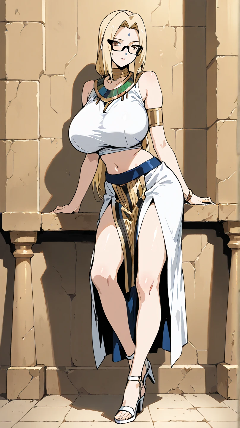 High resolution, Marikawa Shizuoka, 1 girl, ((bimbo))), long blond hair, yellow eyes, puffy lips, thick lips, wide hips, thick thighs, huge ass, enormous huge natural breasts, mature mom, unimpressed face, shiny skin, breasts squeezed together, revealing cleavage, sexy Egyptian goddes, sitting on throne, legs, thick shaggy breasts, full body, high heels, Egypt temple, hands,