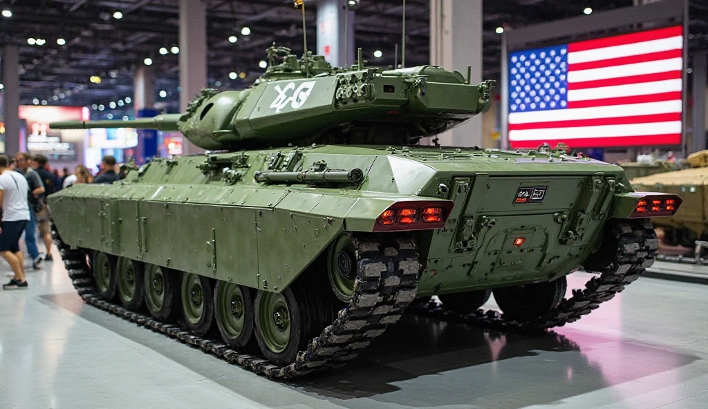 A fully improved tracked armored vehicle, perfect circumstances about its armored body and its detailed design, being shown at a military exhibition to other men, and the armored vehicle is really strong and rough in terms of size, PICTURE REALISTIC.