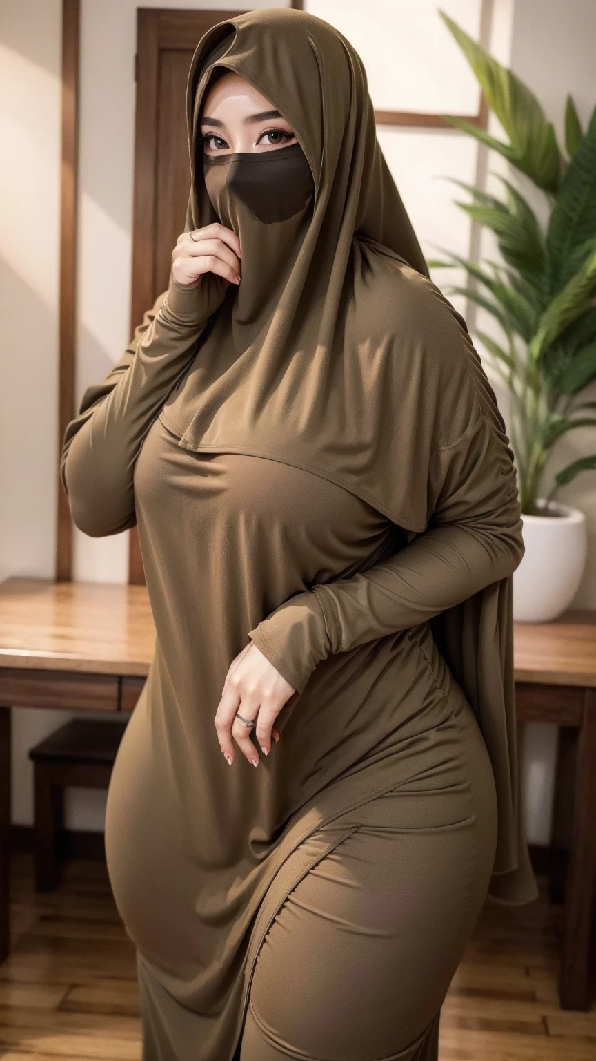Hyper realistic, shoot by best camera, RAW, Best quality, high resolution, Masterpiece: 1.3), (((((Beautiful Indonesia woman in hijab))))), Korean gal, (pashmina ceruty), Masterpiece, Perfect slim body, (Big breasts:1.5), protusion, Beautiful eyes, Soft smile, Masterpiece:1.2, Best quality), Realistic, (Real picture, Intricate details, Depth of field，black sheer crewneck dress, Tight dress, Close-up of people, Hi-Def, photorealistic perfect body, very very very realistic,(Panoramic camera), parted lip, highly detailed, Perfect face, Perfect body, Large models, Tall, Long legs, Natural background bokeh gigantic breast:10.0, tight , look at view, 
