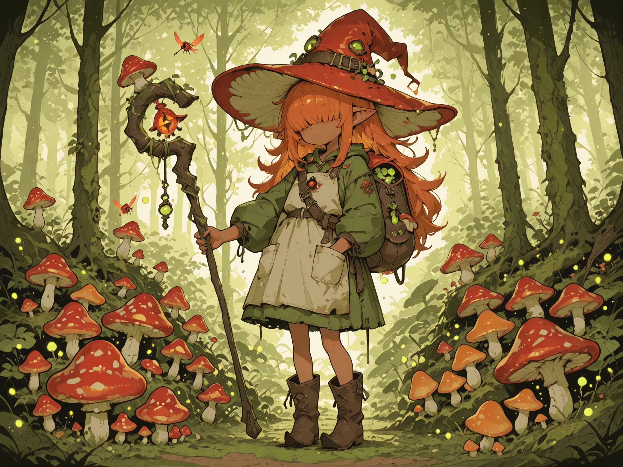 Fantasy_eyes,(masterpiece, detailed:1.2),(High CT quality,4k,High resolution,main piece:2.3),Very detailed,Realistic:1.37,Best quality,masterpiece, high resolution,on_body, Tyndall effect,photorealistic, Edge lighting, Two-color lighting,(high definition skin:2.3), (8K UHD, DSLR quality, soft lighting, high quality, surround lighting, sincere, de 8K , 4K, 8K.) a Fungi Witch. She has a petite build and flat , she is shorty, her hat, staff and boots are too big for her. She has tanned copper skin, covered with freckles. She has long pointy-ears. She has yellow-amber whites and red irises. She has straight longest orange hair with straight bangs over her eyes. She wears medieval swampy green dress and an apron with two pockets. she wearing a potion belt with acorns pendants. There is a bag over her shoulder with healing herbs sticking out of it. She has brown pointy-toed witch boots. (red fly Agaric mushroom hat in the shape of a witch's hat) She wears a red fly Agaric hat on her head. In her hand she holds a staff in the shape of a tree branch overgrown with moss. On the background : the mushroom grove where big multicolor mushroom-trees grow everywhere around the blooming swamp, fireflies are flying in the air. Multicolored flowers and mushrooms wich growing around have bioluminescence.