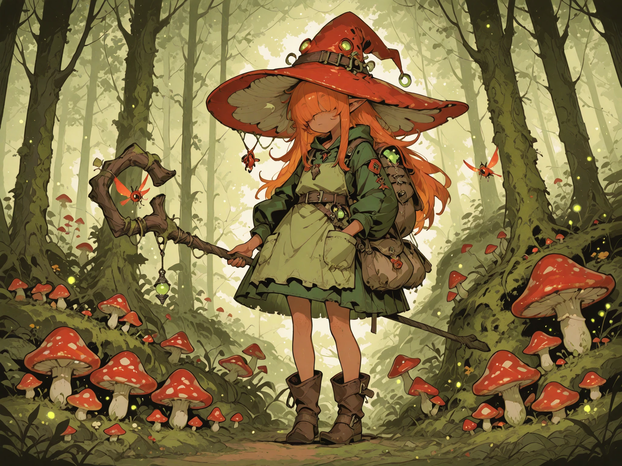 Fantasy_eyes,(masterpiece, detailed:1.2),(High CT quality,4k,High resolution,main piece:2.3),Very detailed,Realistic:1.37,Best quality,masterpiece, high resolution,on_body, Tyndall effect,photorealistic, Edge lighting, Two-color lighting,(high definition skin:2.3), (8K UHD, DSLR quality, soft lighting, high quality, surround lighting, sincere, de 8K , 4K, 8K.) a Fungi Witch. She has a petite build and flat , she is shorty, her hat, staff and boots are too big for her. She has tanned copper skin, covered with freckles. She has long pointy-ears. She has yellow-amber whites and red irises. She has straight longest orange hair with straight bangs over her eyes. She wears medieval swampy green dress and an apron with two pockets. she wearing a potion belt with acorns pendants. There is a bag over her shoulder with healing herbs sticking out of it. She has brown pointy-toed witch boots. (red fly Agaric mushroom hat in the shape of a witch's hat) She wears a red fly Agaric hat on her head. In her hand she holds a staff in the shape of a tree branch overgrown with moss. On the background : the mushroom grove where big multicolor mushroom-trees grow everywhere around the blooming swamp, fireflies are flying in the air. Multicolored flowers and mushrooms wich growing around have bioluminescence.