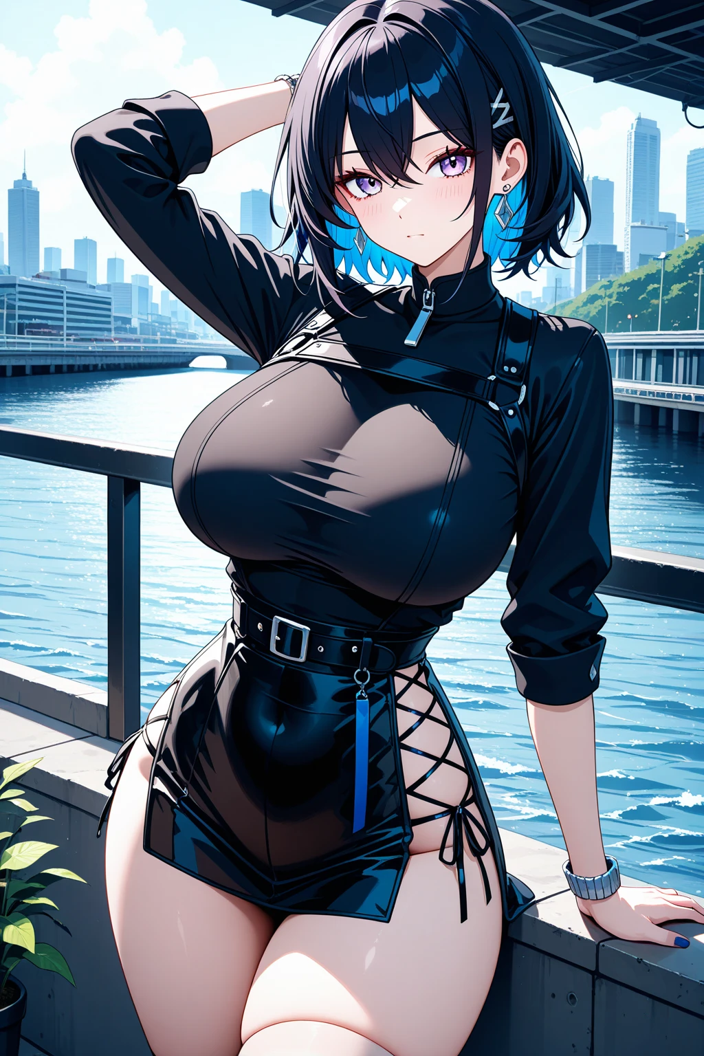 (Very detailed CG ユニティ 8k 壁紙), (Very detailed), masterpiece, Highest quality, Lucy (cyber punk), Bodysuits, alone, chest, cyber punk city, Multicolored Hair, short hair, View your viewers, medium chest, black Bodysuits, Grey Eyes, Hip vents, Clothing cutouts, Thigh Gap, Covered navel, White jacket, Exposing shoulders, Short shorts, sofa,