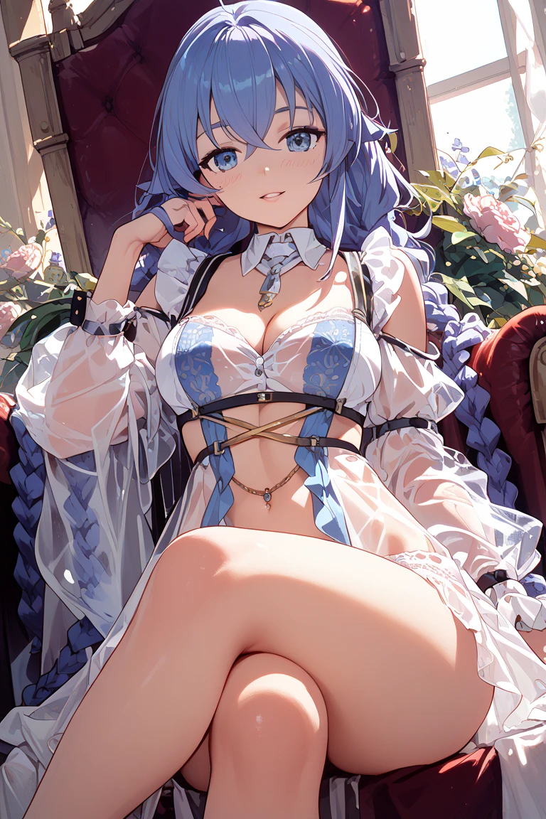 (masterpiece, best quality), beautiful girl, Rem from "re zero", lying, (detailed beautiful eyes) medium body shot, short blue hair, highly detailed blue eyes