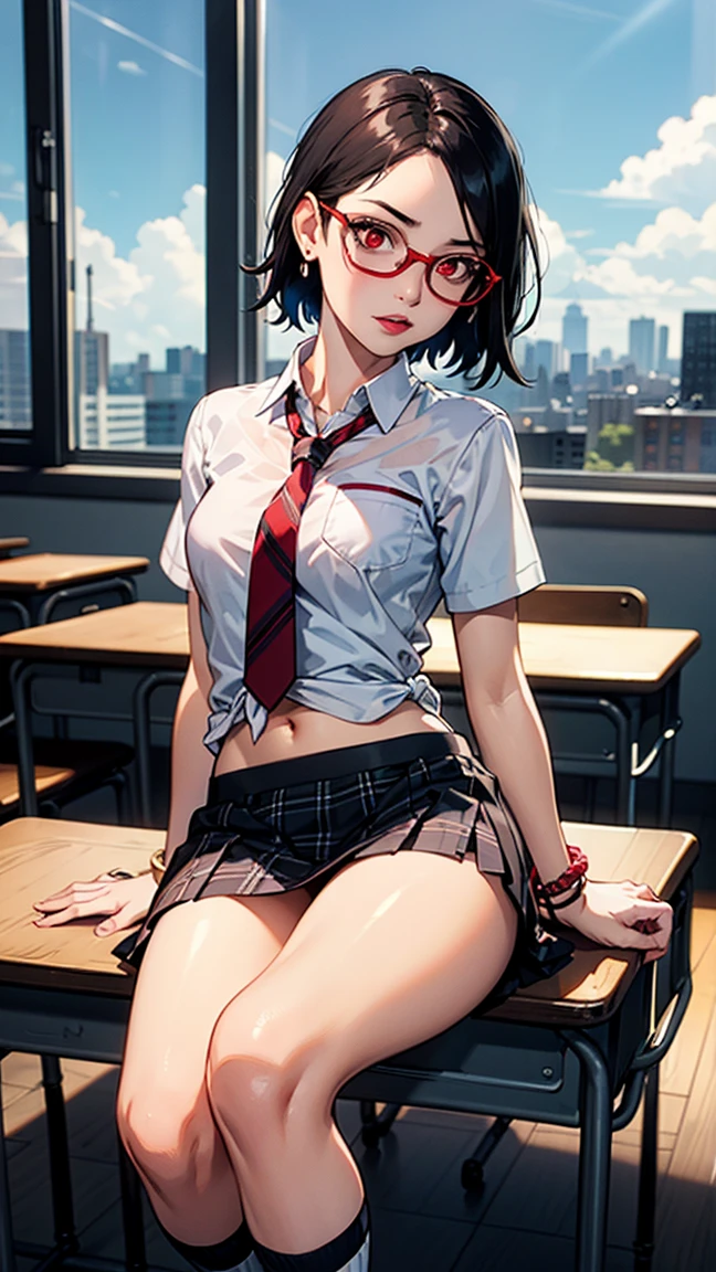 girl sitting under a school desk, wearing a , mini skirt, crop top with tie, looking straight ahead, Grinning, destroyed classroom background, abandoned-looking scenery, Dirty scenery, shattered windows, Bblack hair, ponytail style hairstyle, wearing headphone, holding a cigarette, beautiful face, long thigh high boots, cross legs, abandoned city appearing in the window, post apocalyptic style scenario, detailled image, red panties showing