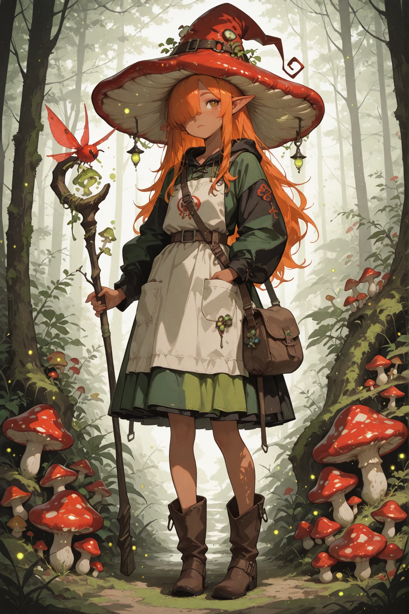 Fantasy_eyes,(masterpiece, detailed:1.2),(High CT quality,4k,High resolution,main piece:2.3),Very detailed,Realistic:1.37,Best quality,masterpiece, high resolution,on_body, Tyndall effect,photorealistic, Edge lighting, Two-color lighting,(high definition skin:2.3), (8K UHD, DSLR quality, soft lighting, high quality, surround lighting, sincere, de 8K , 4K, 8K.) a Fungi Witch. She has a petite build and flat , she is shorty, her hat, staff and boots are too big for her. She has tanned copper skin, covered with freckles. She has long pointy-ears. She has yellow-amber whites and red irises. She has straight longest orange hair with straight bangs over her eyes. She wears medieval swampy green dress and an apron with two pockets. she wearing a potion belt with acorns pendants. There is a bag over her shoulder with healing herbs sticking out of it. She has brown pointy-toed witch boots. (red fly Agaric mushroom hat in the shape of a witch's hat) She wears a red fly Agaric hat on her head. In her hand she holds a staff in the shape of a tree branch overgrown with moss. On the background : the mushroom grove where big multicolor mushroom-trees grow everywhere around the blooming swamp, fireflies are flying in the air. Multicolored flowers and mushrooms wich growing around have bioluminescence.