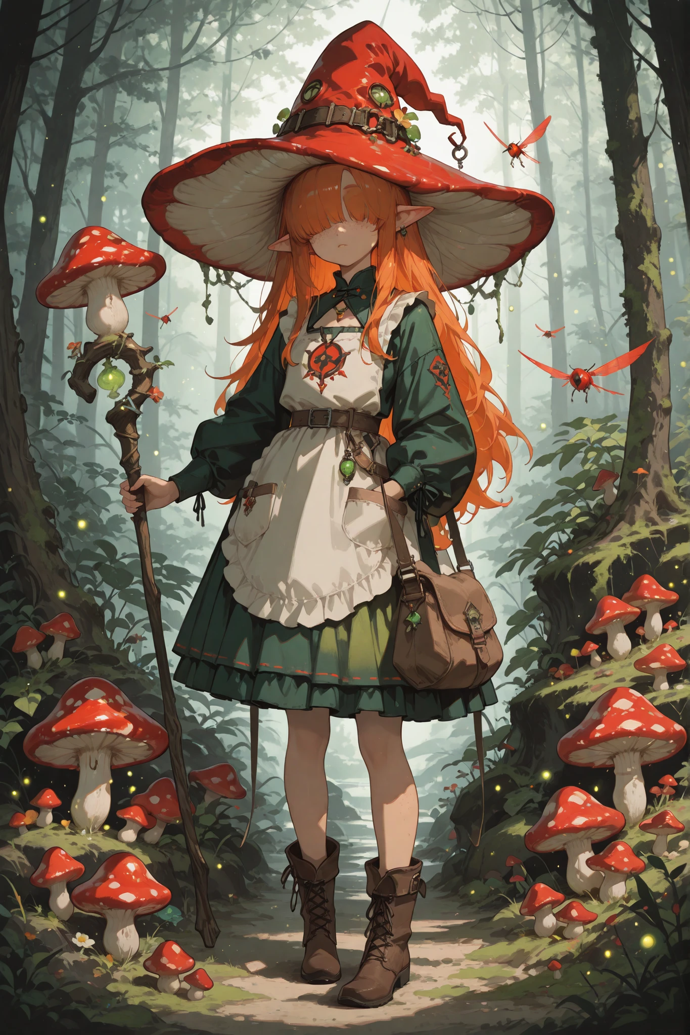 Fantasy_eyes,(masterpiece, detailed:1.2),(High CT quality,4k,High resolution,main piece:2.3),Very detailed,Realistic:1.37,Best quality,masterpiece, high resolution,on_body, Tyndall effect,photorealistic, Edge lighting, Two-color lighting,(high definition skin:2.3), (8K UHD, DSLR quality, soft lighting, high quality, surround lighting, sincere, de 8K , 4K, 8K.) a Fungi Witch. She has a petite build and flat , she is shorty, her hat, staff and boots are too big for her. She has tanned copper skin, covered with freckles. She has long pointy-ears. She has yellow-amber whites and red irises. She has straight longest orange hair with straight bangs over her eyes. She wears medieval swampy green dress and an apron with two pockets. she wearing a potion belt with acorns pendants. There is a bag over her shoulder with healing herbs sticking out of it. She has brown pointy-toed witch boots. (red fly Agaric mushroom hat in the shape of a witch's hat) She wears a red fly Agaric hat on her head. In her hand she holds a staff in the shape of a tree branch overgrown with moss. On the background : the mushroom grove where big multicolor mushroom-trees grow everywhere around the blooming swamp, fireflies are flying in the air. Multicolored flowers and mushrooms wich growing around have bioluminescence.