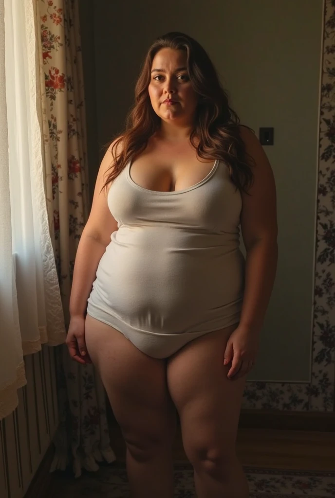 (Full body shot), thick bushy pubic hair, realistic skin texture, ((best quality)), ((masterpiece)), (detailed), perfect face, araffe woman in black latex panties and short shirt, sitting on bed, latex bustier, thicc, wavy short hair , she has a jiggly fat round belly, bbwchan, wearing tight simple clothes, skinny waist and thick hips, widest hips, her belly is fat and round, soft curvy shape, hyperrealistic full figure, wearing a cute top, wide hips,