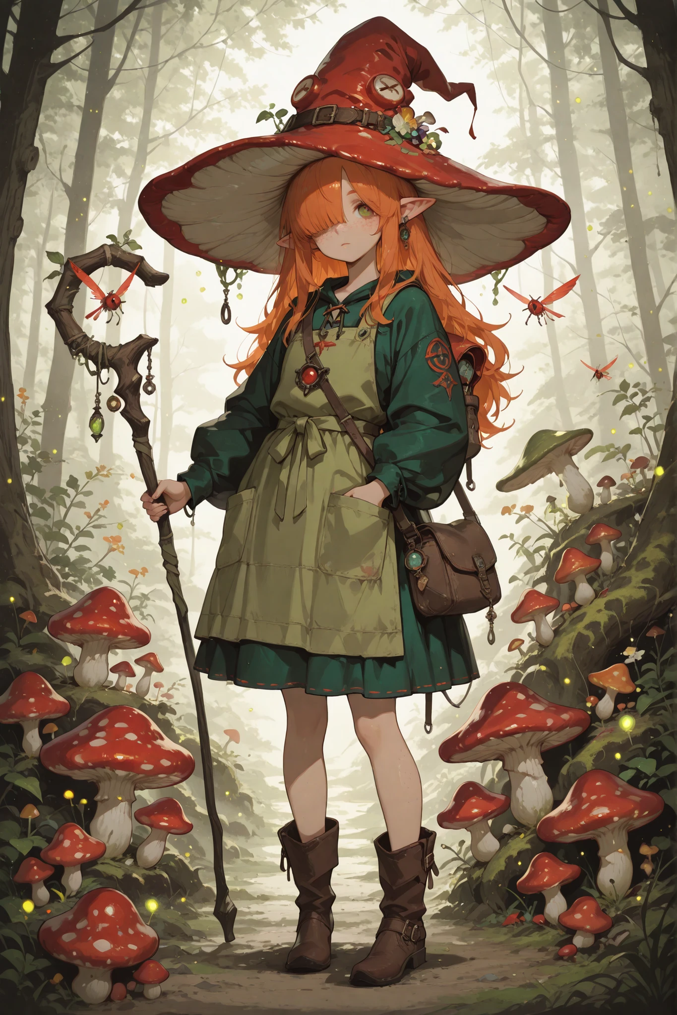 Fantasy_eyes,(masterpiece, detailed:1.2),(High CT quality,4k,High resolution,main piece:2.3),Very detailed,Realistic:1.37,Best quality,masterpiece, high resolution,on_body, Tyndall effect,photorealistic, Edge lighting, Two-color lighting,(high definition skin:2.3), (8K UHD, DSLR quality, soft lighting, high quality, surround lighting, sincere, de 8K , 4K, 8K.) a Fungi Witch. She has a petite build and flat , she is shorty, her hat, staff and boots are too big for her. She has tanned copper skin, covered with freckles. She has long pointy-ears. She has yellow-amber whites and red irises. She has straight longest orange hair with straight bangs over her eyes. She wears medieval swampy green dress and an apron with two pockets. she wearing a potion belt with acorns pendants. There is a bag over her shoulder with healing herbs sticking out of it. She has brown pointy-toed witch boots. (red fly Agaric mushroom hat in the shape of a witch's hat) She wears a red fly Agaric hat on her head. In her hand she holds a staff in the shape of a tree branch overgrown with moss. On the background : the mushroom grove where big multicolor mushroom-trees grow everywhere around the blooming swamp, fireflies are flying in the air. Multicolored flowers and mushrooms wich growing around have bioluminescence.