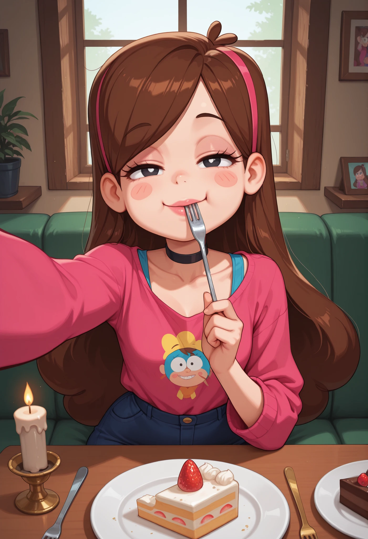 Mabel Pines, blush stickers, brown hair. black eyes. half-closed eyes, small breasts, huge hips. long eyelashes, choker. | ultra detailed, petite, score_9, score_8_up, score_7_up,source anime, BREAK , collarbone, Expressiveh, anime, food, solo, cake, choker, looking at viewer, table,candle, window, sitting, lips, plate, restaurant day, collarbone, lipstick, on a date, detailed background,over table, eating, fork easynegative, looking at viewer, cute, winking, selfie, 2023, 2024, masterpiece,best quality,amazing quality, top crop