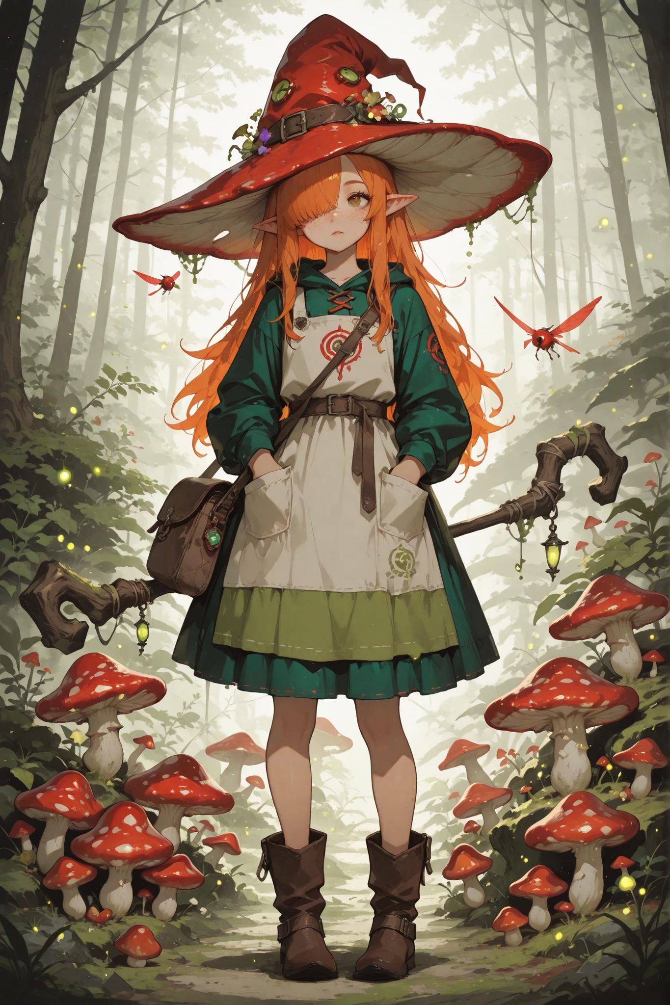 Fantasy_eyes,(masterpiece, detailed:1.2),(High CT quality,4k,High resolution,main piece:2.3),Very detailed,Realistic:1.37,Best quality,masterpiece, high resolution,on_body, Tyndall effect,photorealistic, Edge lighting, Two-color lighting,(high definition skin:2.3), (8K UHD, DSLR quality, soft lighting, high quality, surround lighting, sincere, de 8K , 4K, 8K.) a Fungi Witch. She has a petite build and flat , she is shorty, her hat, staff and boots are too big for her. She has tanned copper skin, covered with freckles. She has long pointy-ears. She has yellow-amber whites and red irises. She has straight longest orange hair with straight bangs over her eyes. She wears medieval swampy green dress and an apron with two pockets. she wearing a potion belt with acorns pendants. There is a bag over her shoulder with healing herbs sticking out of it. She has brown pointy-toed witch boots. (red fly Agaric mushroom hat in the shape of a witch's hat) She wears a red fly Agaric hat on her head. In her hand she holds a staff in the shape of a tree branch overgrown with moss. On the background : the mushroom grove where big multicolor mushroom-trees grow everywhere around the blooming swamp, fireflies are flying in the air. Multicolored flowers and mushrooms wich growing around have bioluminescence.