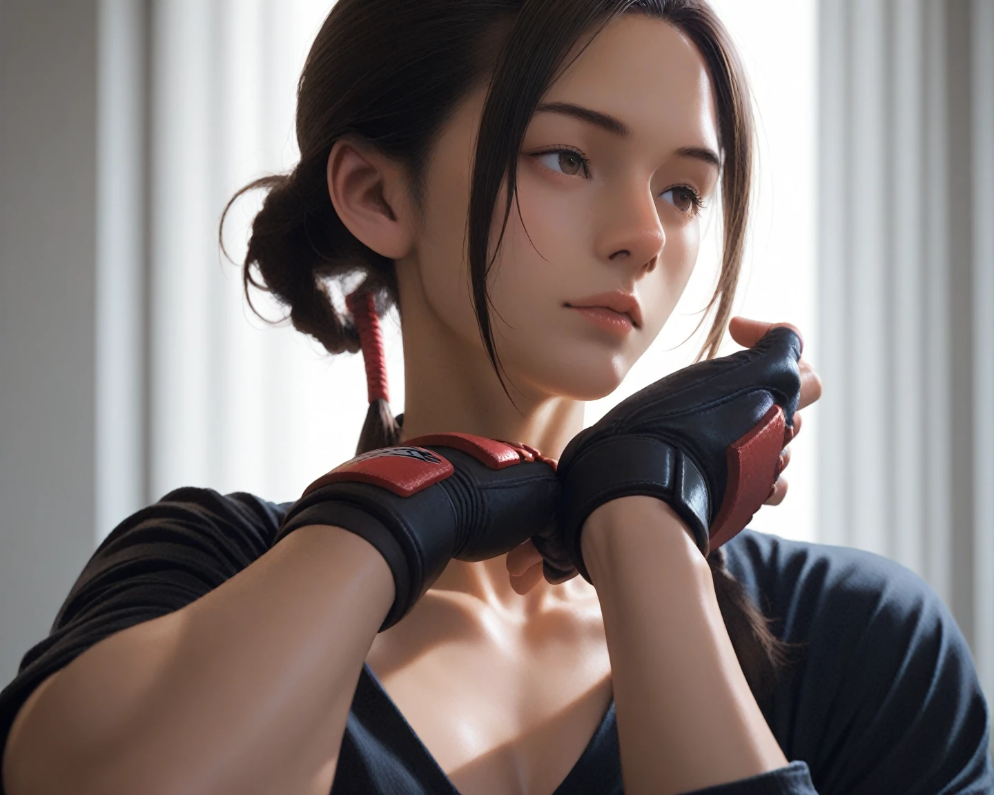 "Complete art masterpiece, high quality, ultra detailed in 4k, 8k, high resolution, hyper-realistic photo, hyper-detailed, realistic skin texture, amazing shadows, extremely detailed texture, perfect lighting, high-level image quality." A female heroine, (Fair skin, brown hair, chinese, outlined eyes, outlined face, gloves, Full body), wearing a one-piece superhero costume, running from a fire building