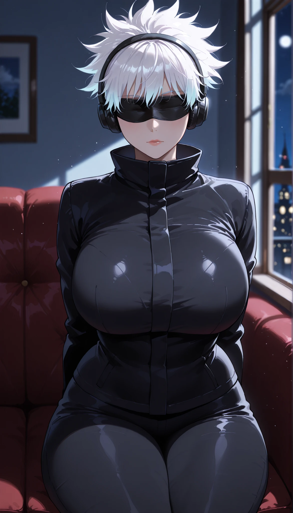 score_9, score_8_up, score_7_up, score_6_up, solo, looking at viewer, BREAK
Masked_GojouSatoru_ownwaifu,
1girl,black blindfold, gojou satoru, wearing headphones, gradient hair, female focus, white hair, short hair, covered eyes, spiked hair, blindfold, huge breasts, wide curvy hips, thick thighs, voluptuous body, Curvy body, thicc woman, sitting on chair near window, looking at the moon. Night time, peaceful night,black jacket, high collar, long sleeves, black pants, black shirt, arms behind back, couch, window shade, indoors, , depth of field