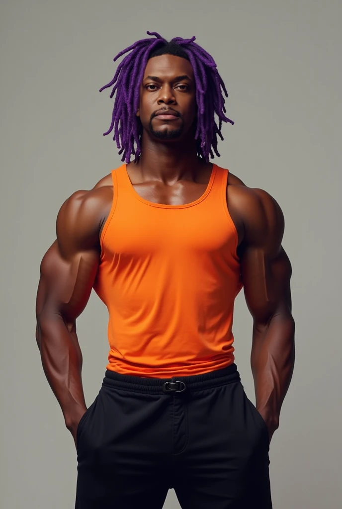 a huge muscular naked bearded black man with a tiny waist, bodybuilder wearing a blue thong, with an outrageous blue mohican haircut, standing side view, at a 90 degree angle to the viewer, with hands clasped behind his back, head turned towards the viewer, full body image, seen from a low angle