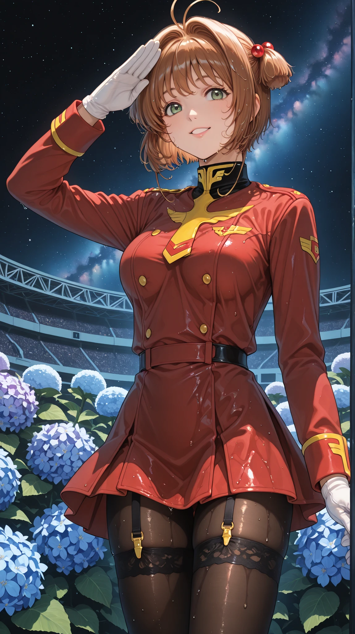 1girl , solo ,    Kinomoto Sakura（Cardcaptor Sakura）brown short hair braids , Brown Shorthair Twin Tails , wet hair、green eyes ,green eyes、 美しいgreen eyes 、 very very very very 大きい breasts（big breasts ：9.9） ,wet red zeon military uniform、 wet red zeon military uniform ,white gloves、black garter belt、Black Lace Pantyhose、Red Miniskirt、black stockings、 salute、軍のsalute  ,  The night it stopped raining   , Night Watching the Audience,outdoor、雨上がりのspace colony、space colony、space colony、Space、smile 、満面のsmile 、恋人に見せるsmile 
